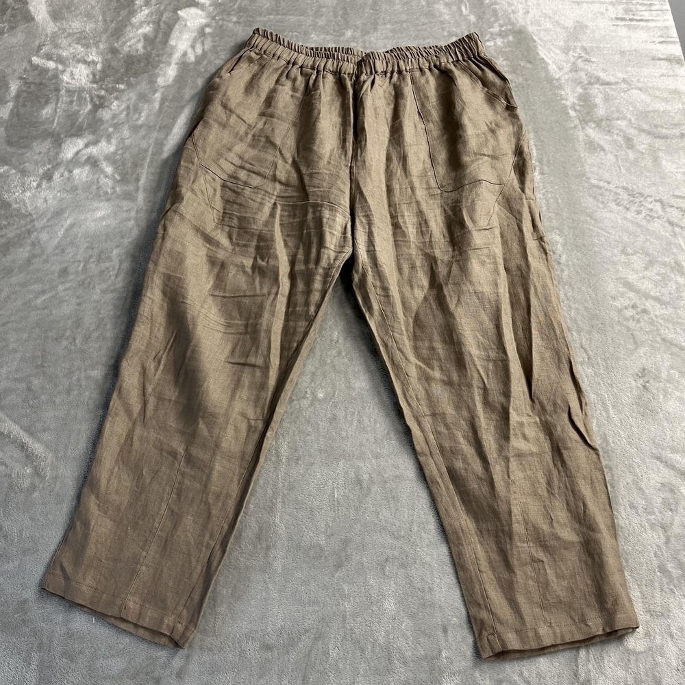 IXIMO Pants Womens XL Beige 100% Linen Straight Leg Elastic Waist Ankle Boho